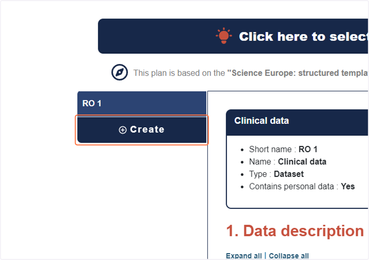 Click on Create to create more Research Output