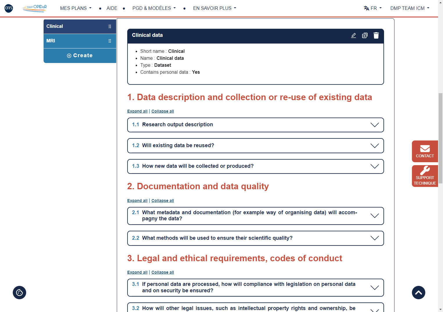 Start completing the DMP and Click on 1.1 to open the section