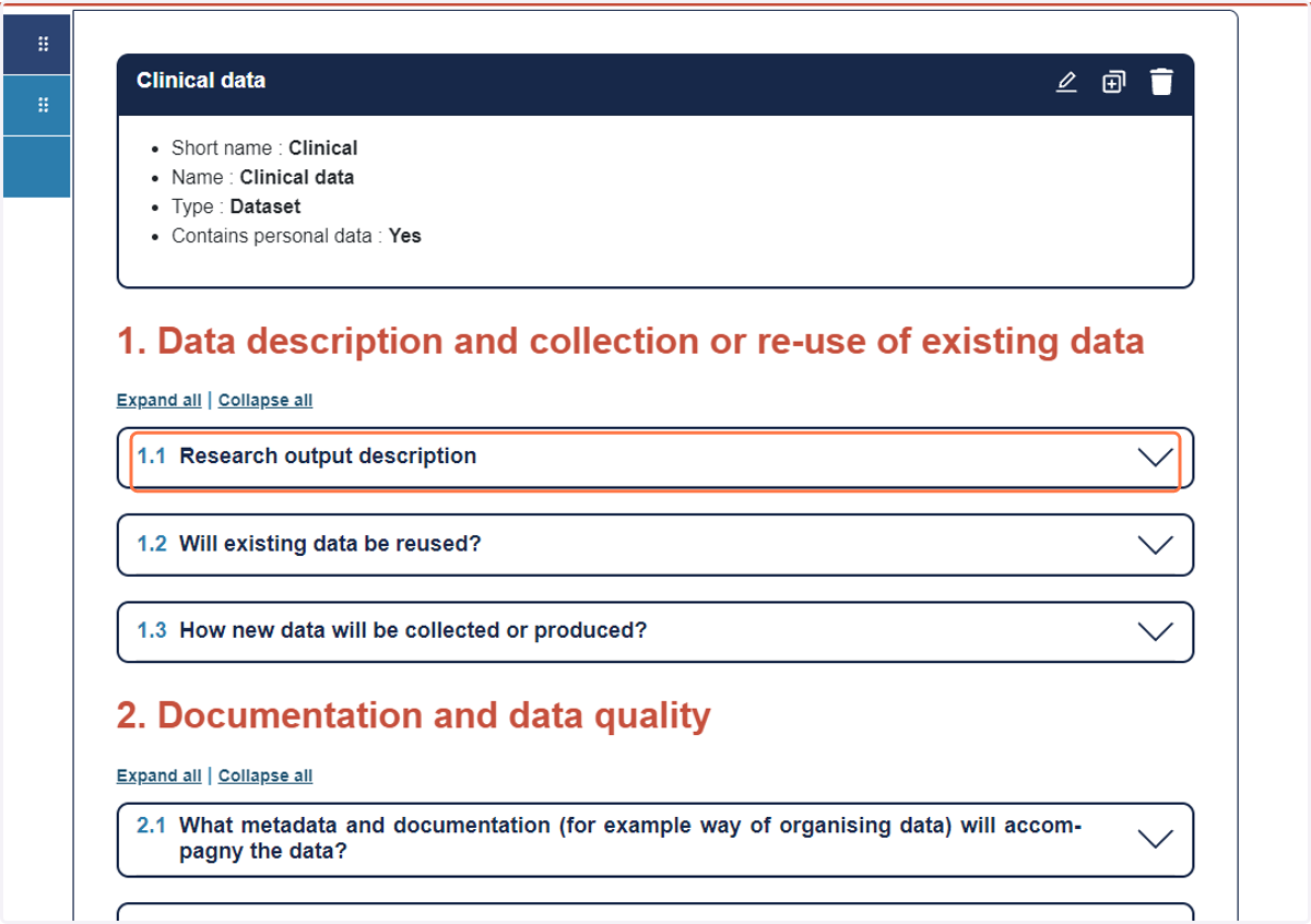 Start completing the DMP and Click on 1.1 to open the section