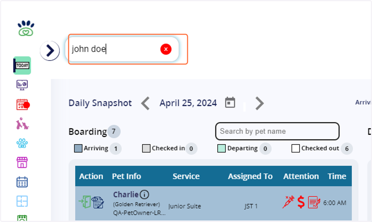 Type in the pet owner name, example: "john doe" and enter into their pet owner profile.