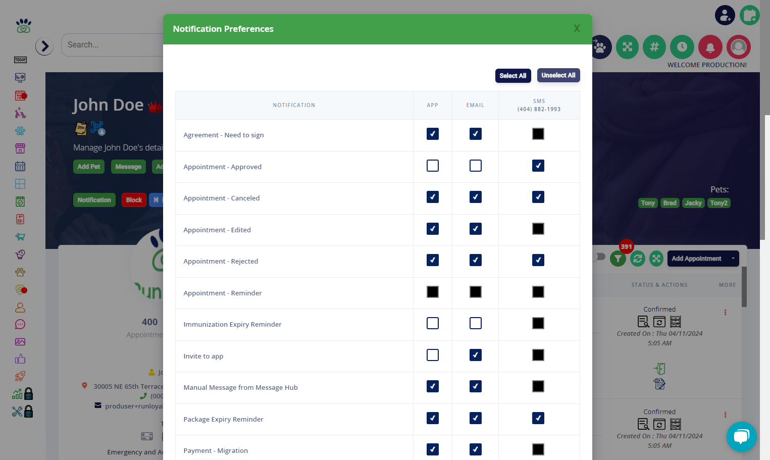 Click on Unselect All if you would like to opt out completely for the customer or you can pick/choose which notifications should be turned off/disabled.