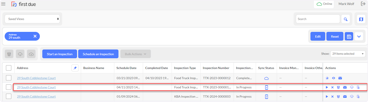 If the Inspection is saved after re-opened, returning to the Inspections List will allow the user to utilize actions.