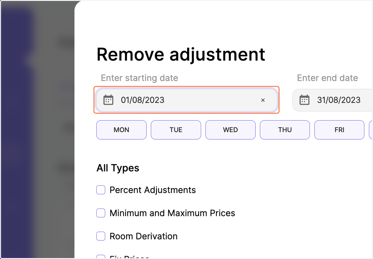 Define the specific day you would like to delete the percent adjustments with a Start Date
