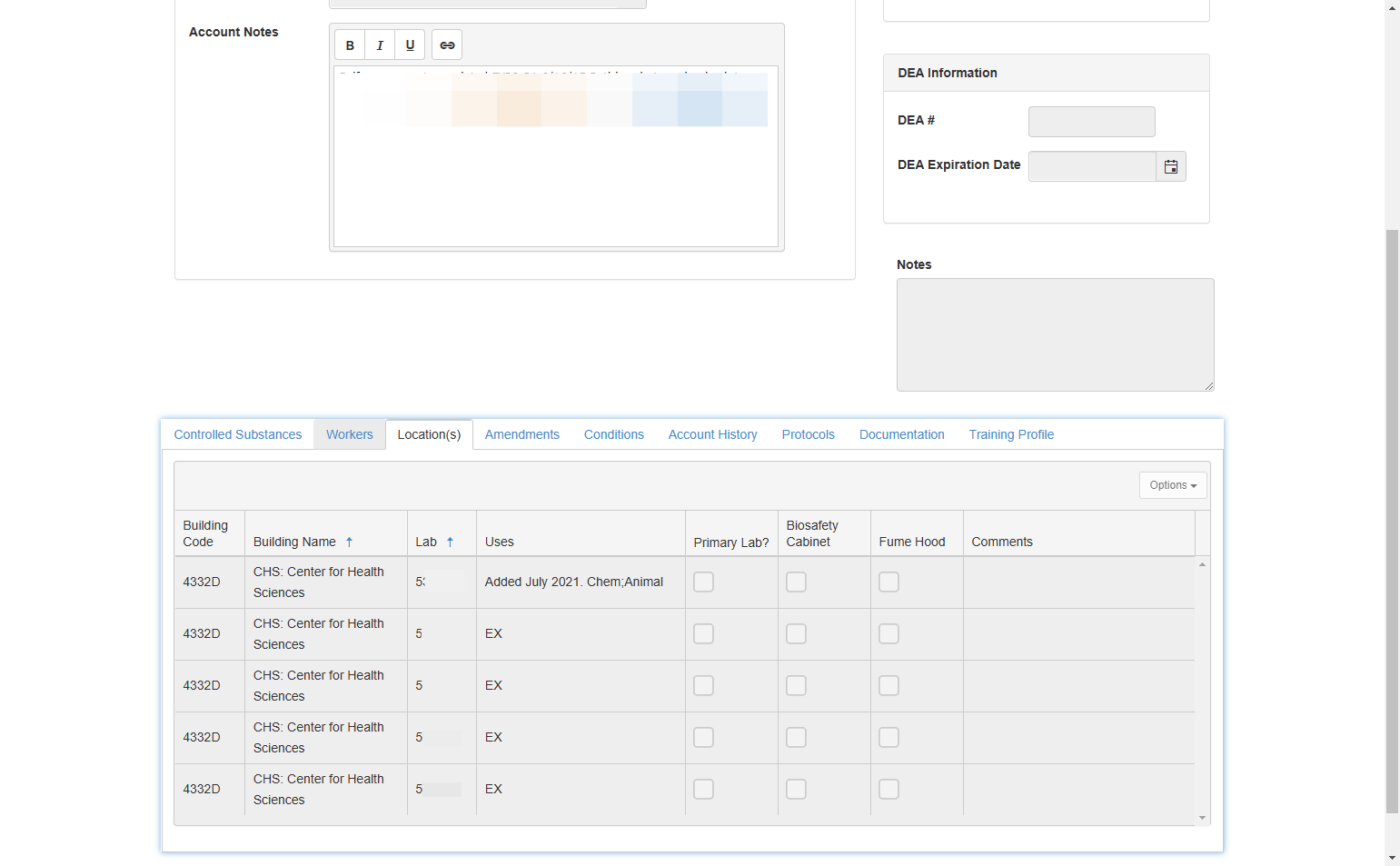 On the account information page you can access a list of lab locations associated with your lab by clicking on the "Location(s)" tab in the table at the bottom of the page.