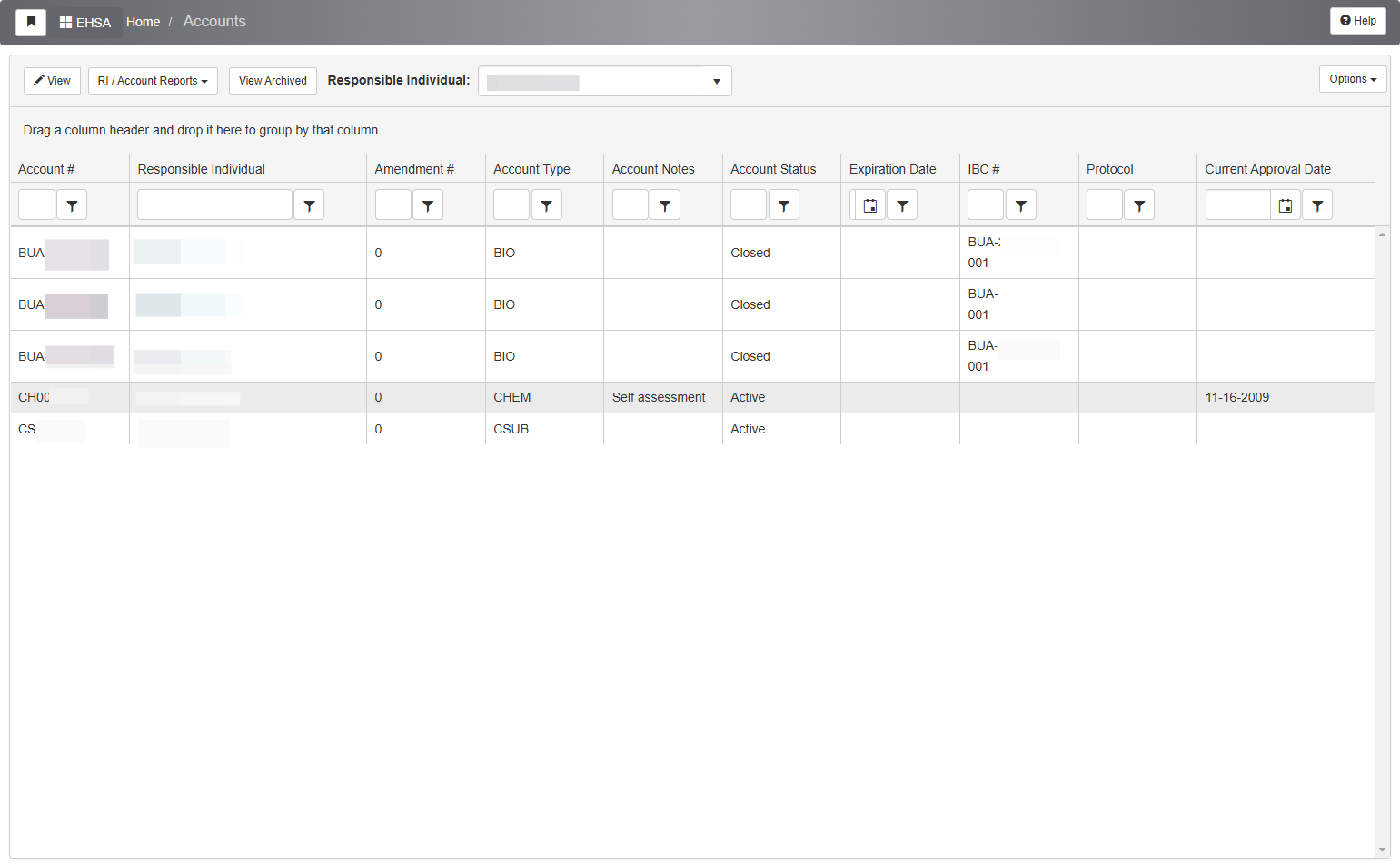 Your list of accounts will populate in the table. To access information related to your accounts, double-click on the row of interest.