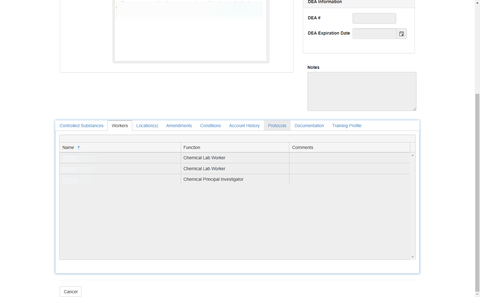 On the account information page you can access a list of lab workers associated with your lab by clicking on the "Workers" tab in the table at the bottom of the page.
