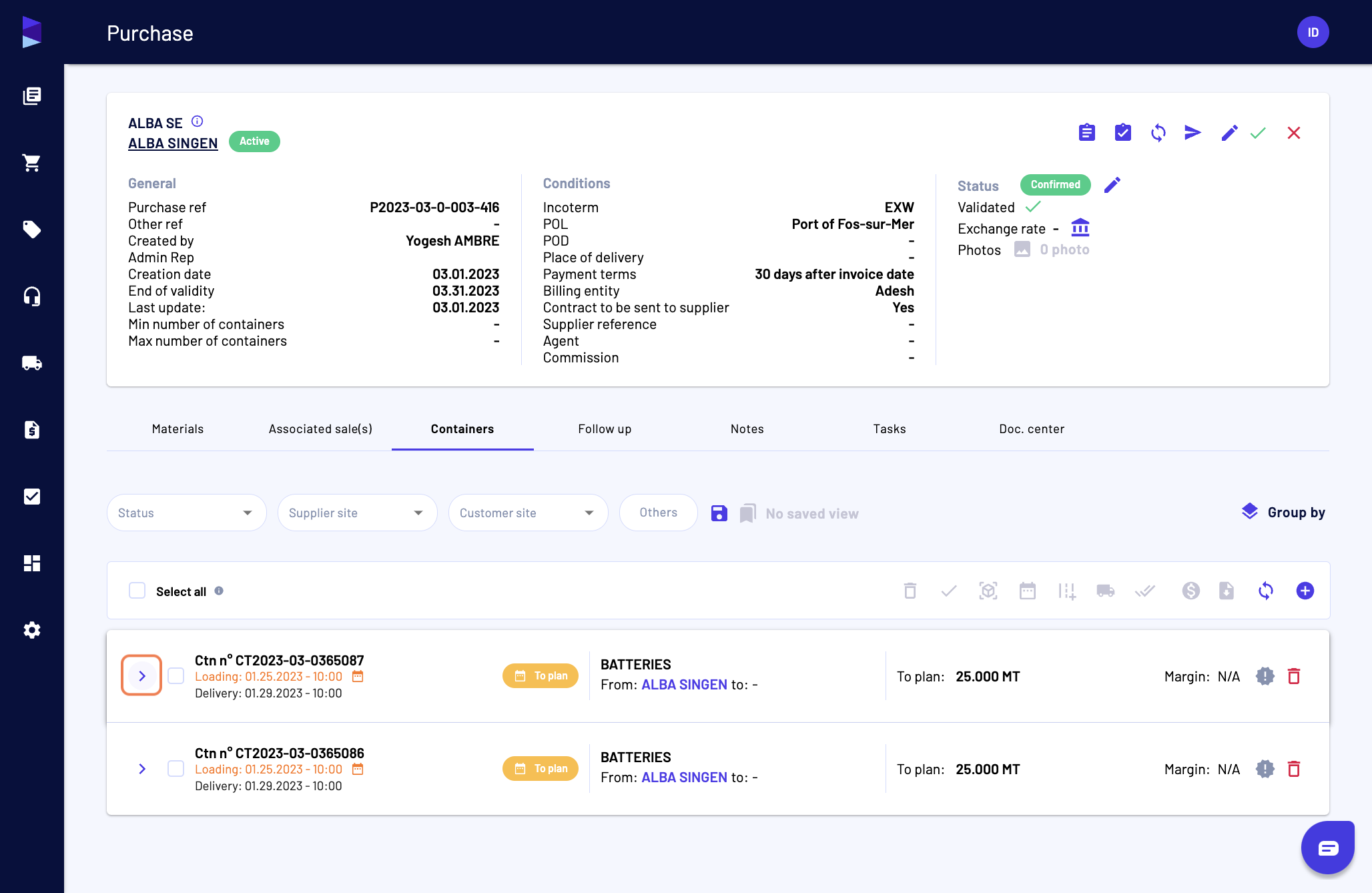 You can also access the documents from the "Containers" or "Trucks" tab in a purchase view