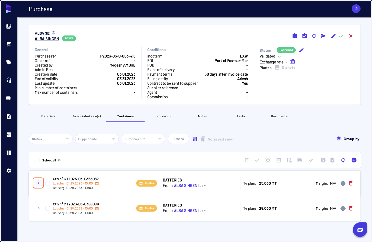 You can also access the documents from the "Containers" or "Trucks" tab in a purchase view