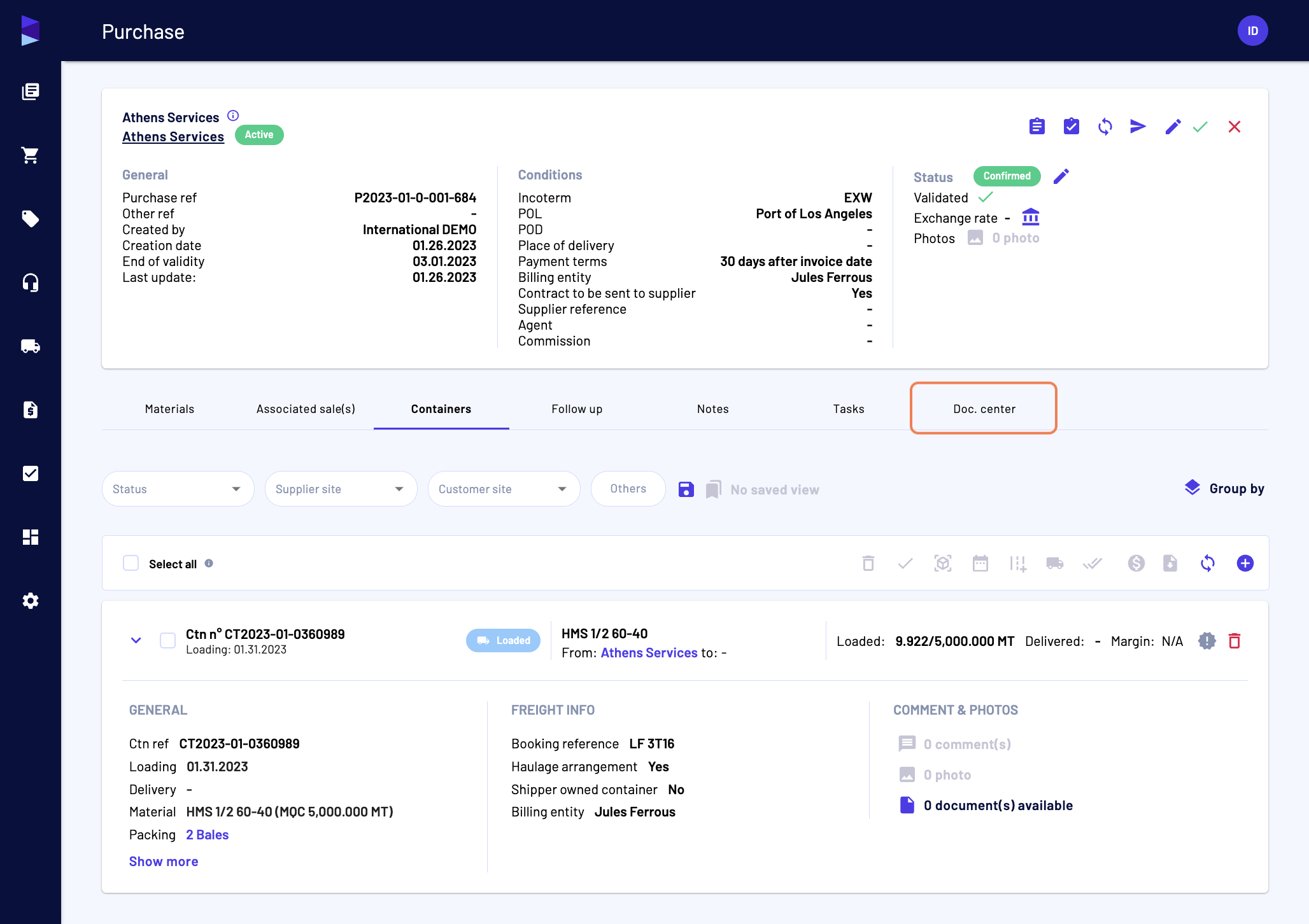 You can also access the container-related documents by clicking on "Doc. center" tab