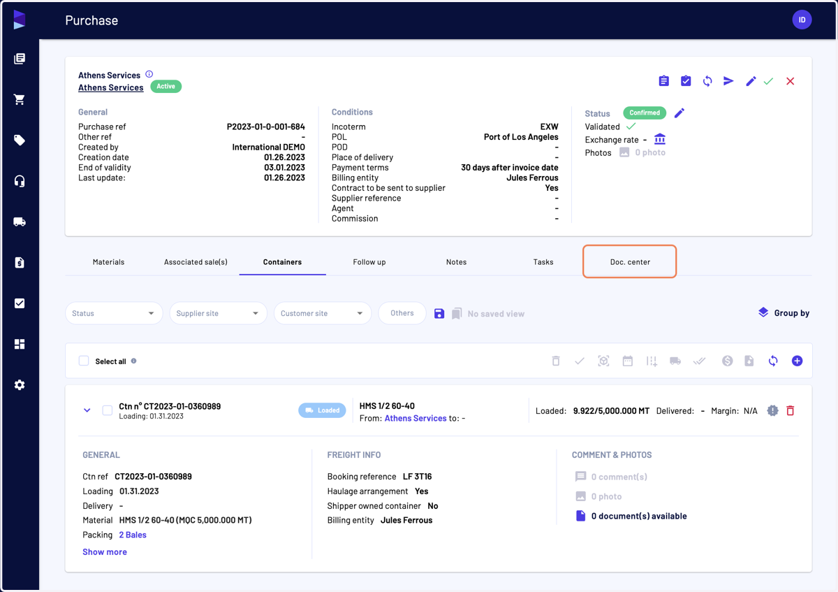 You can also access the container-related documents by clicking on "Doc. center" tab