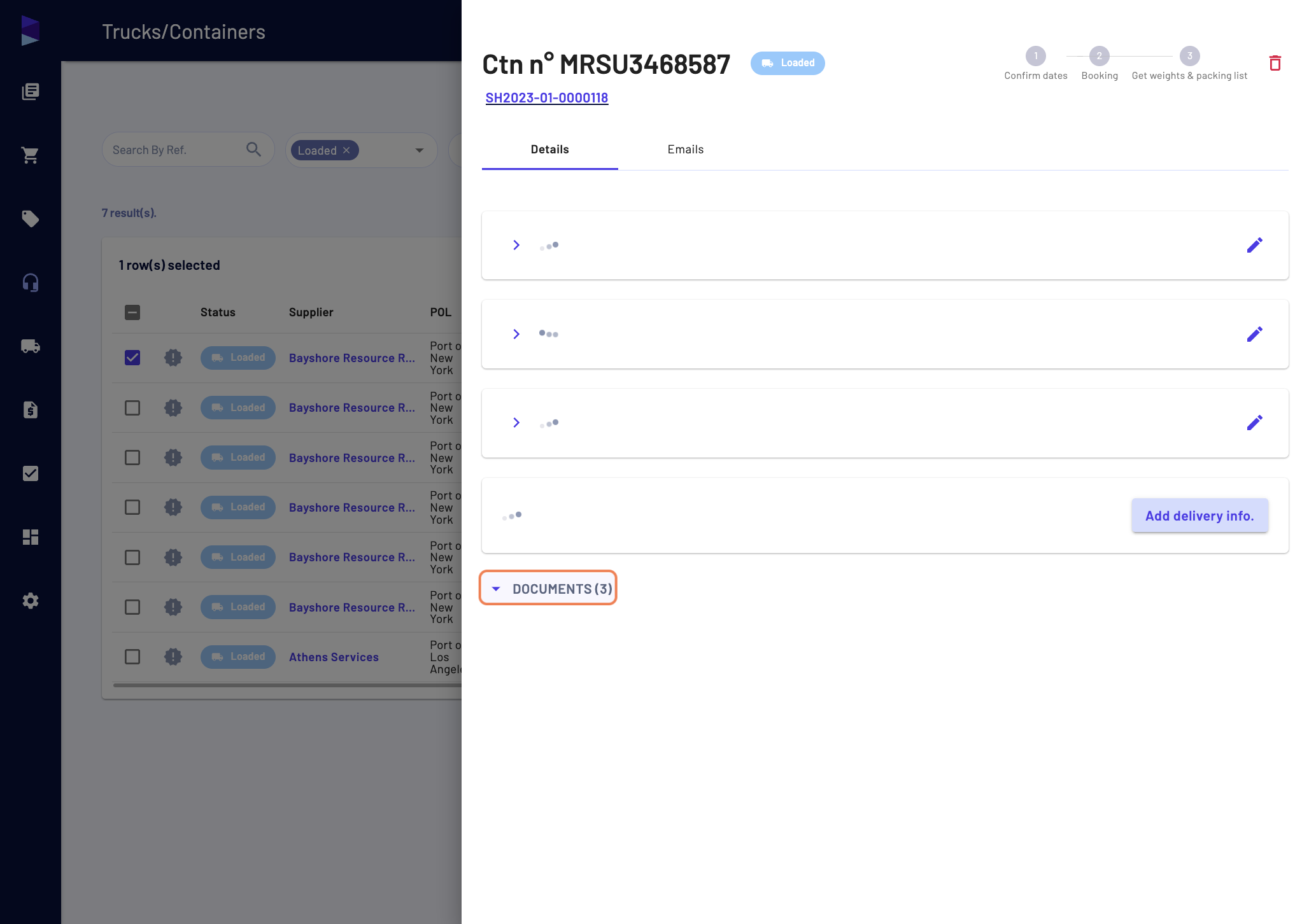 Last by not least, you can access the "Packing list" as well from the "Trucks/Containers" page, by clicking on a container to open the drawer. And then opening the "Documents" category