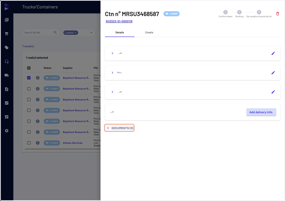 Last by not least, you can access the "Packing list" as well from the "Trucks/Containers" page, by clicking on a container to open the drawer. And then opening the "Documents" category