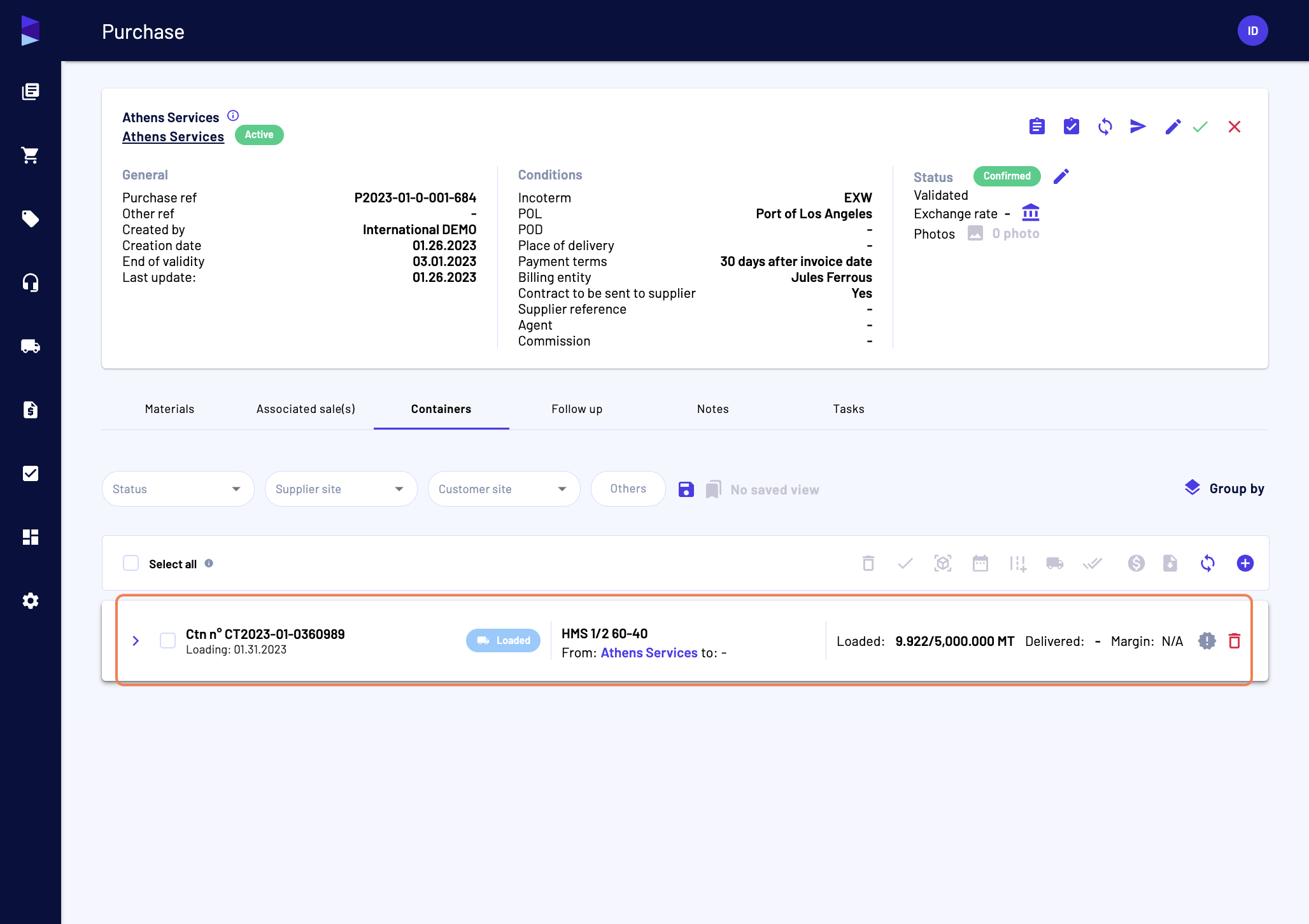 In the purchase page, "Containers" tab, you can access the container-related documents by expanding the container card