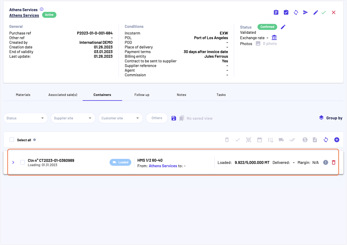 In the purchase page, "Containers" tab, you can access the container-related documents by expanding the container card