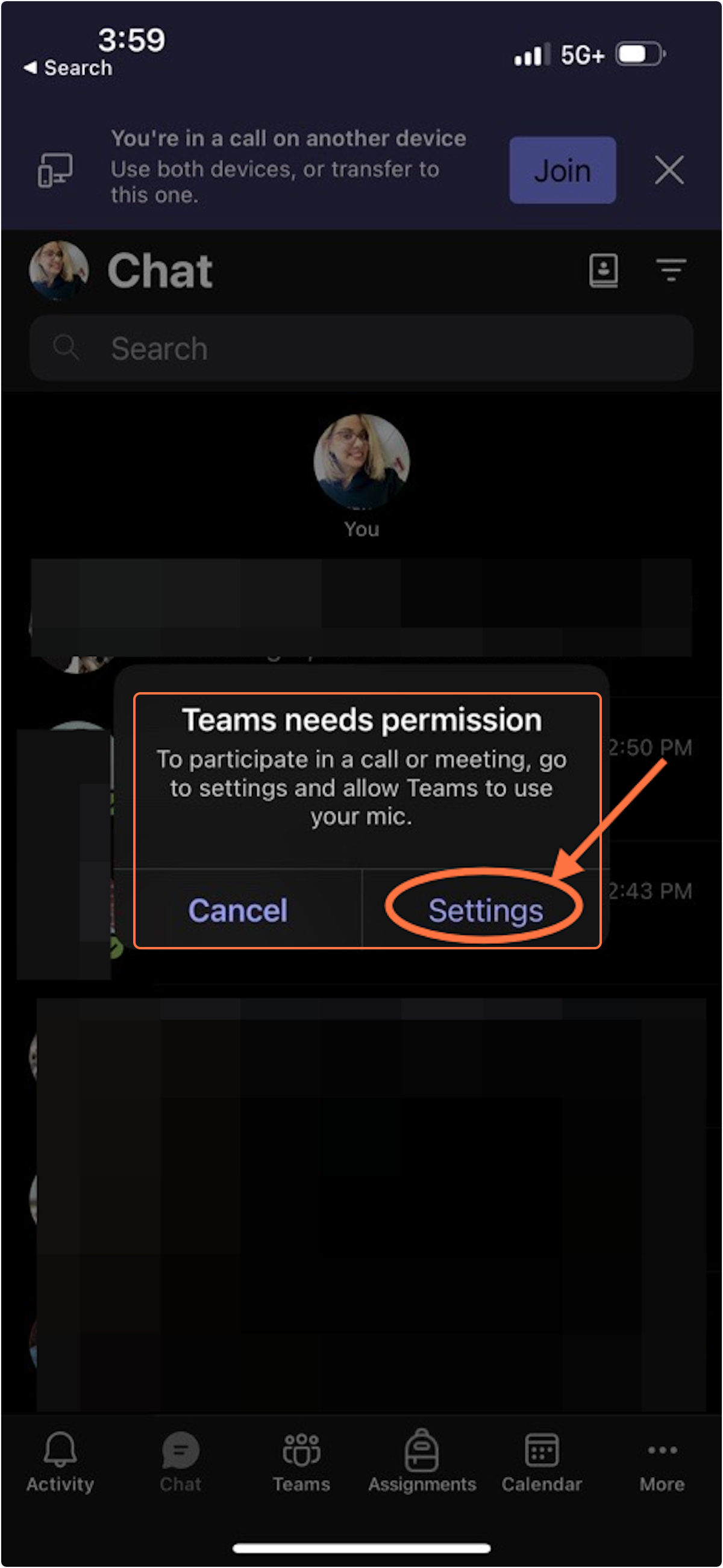 If this is your first time using Teams call on your phone, it will ask for permission.  Click settings, microphone/audio, and click allow or always allow.