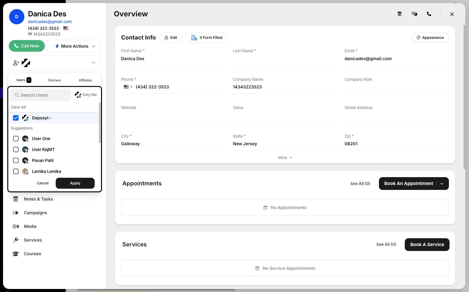 Step 5: You can select from Users, Partners, or Affiliates. Select the user and click Apply.