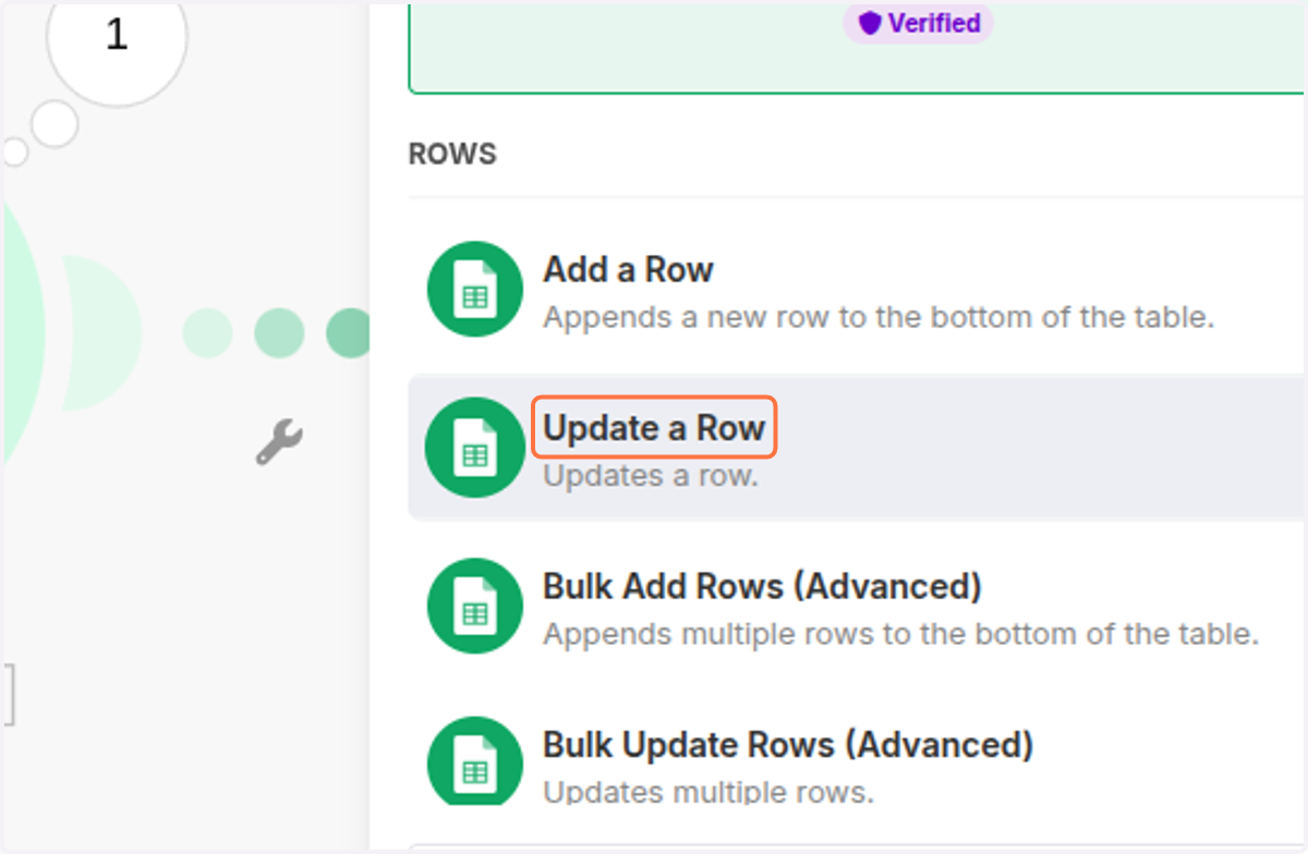 Click on Update a Row
