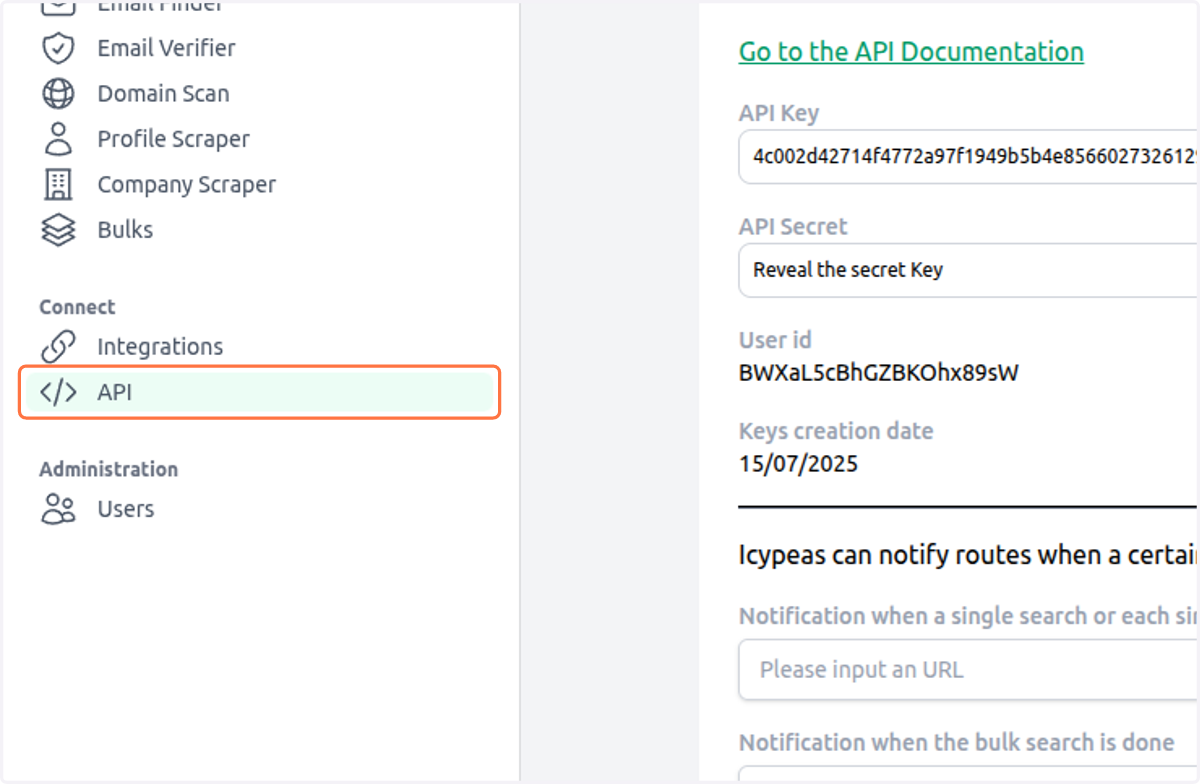 Click on API