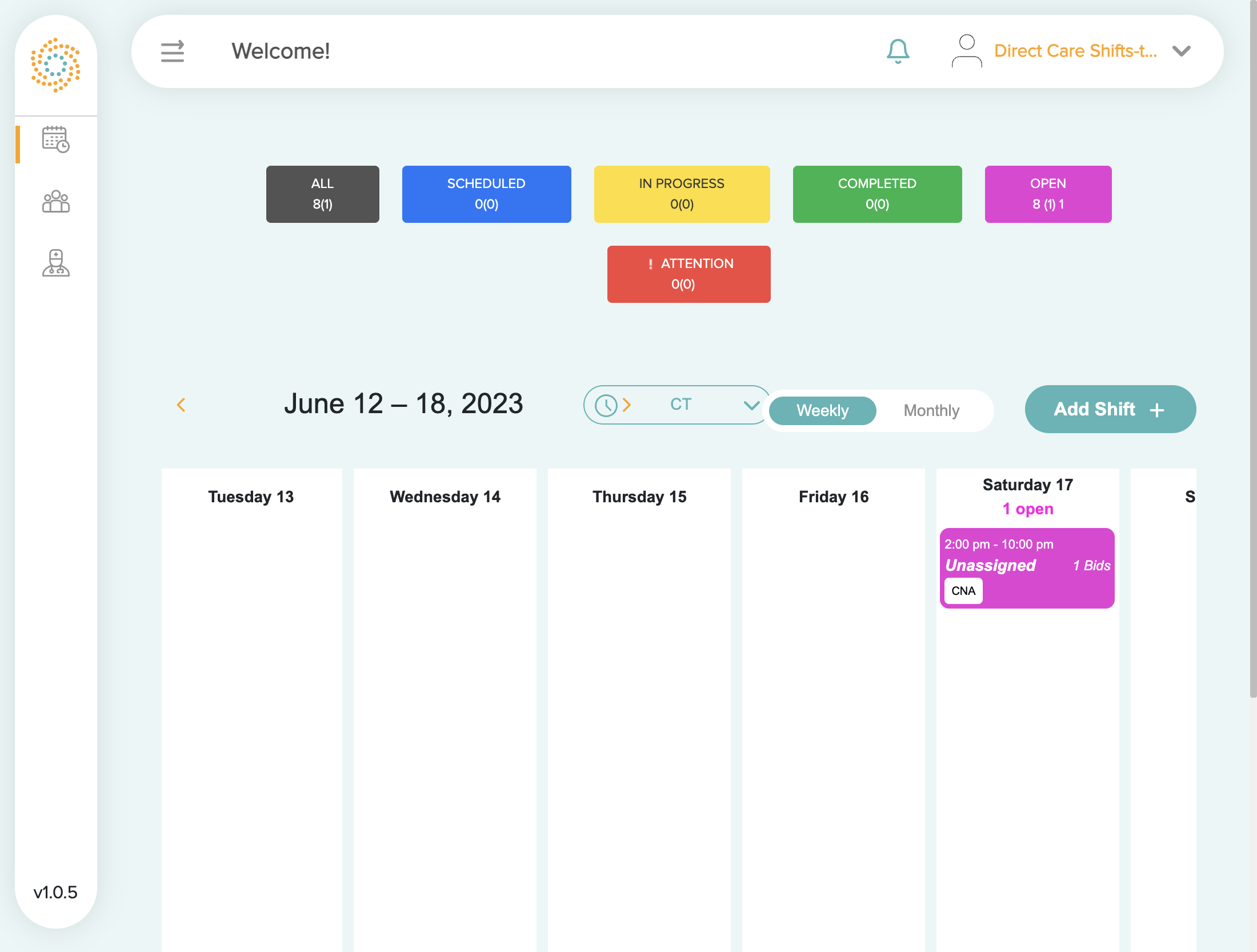 When a Provider bids on a shift, the Shift Tile will display the number of open bids.