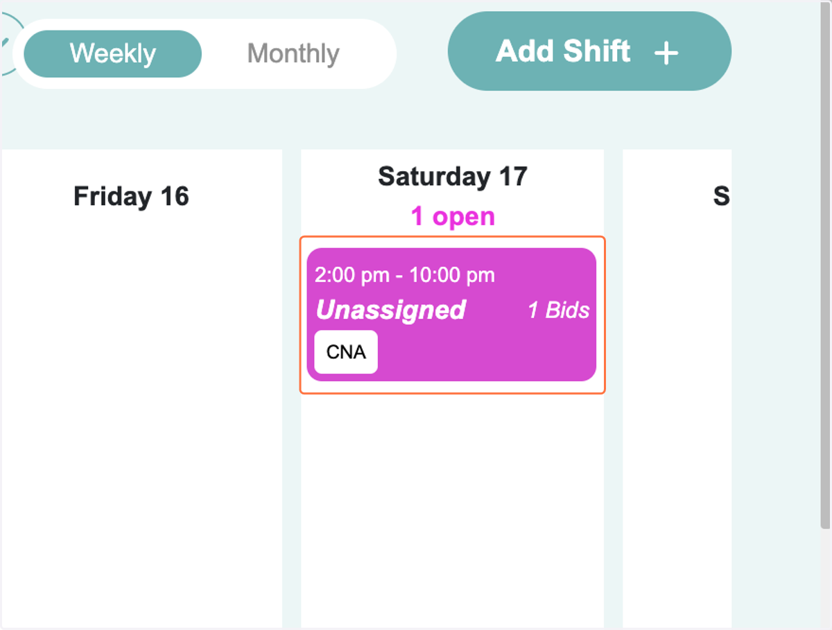 When a Provider bids on a shift, the Shift Tile will display the number of open bids.