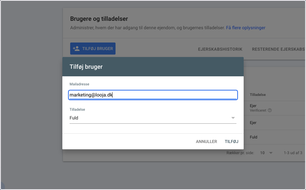 Type "marketing@looja.dk" and give full permission