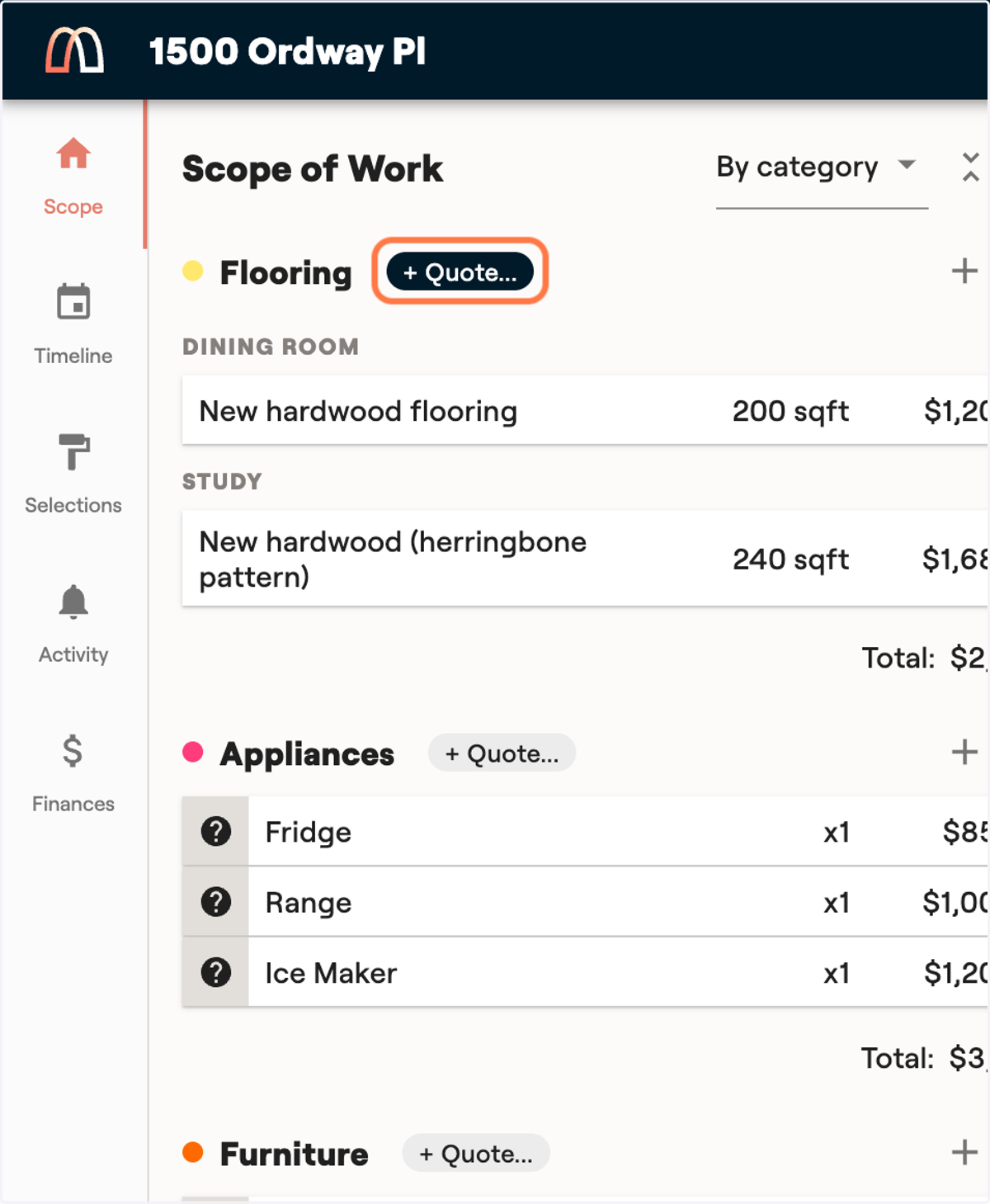 Next to a category in your scope, click on "+ Quote..."