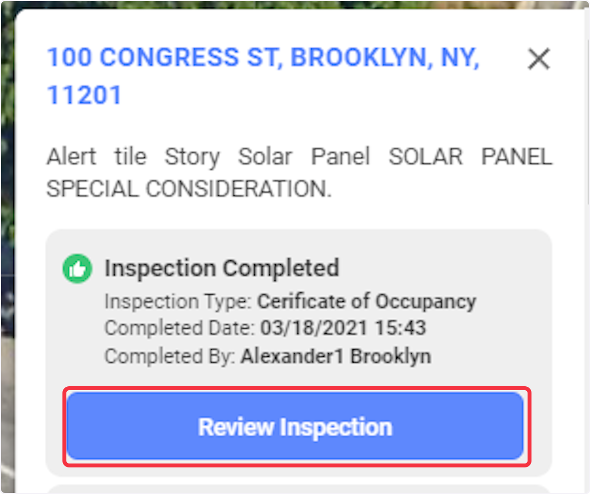 Click on Review Inspection to review any previous Inspection.