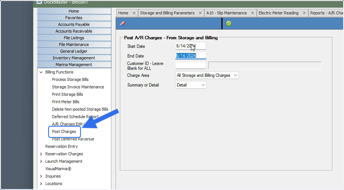 Select Post Charges and enter the date