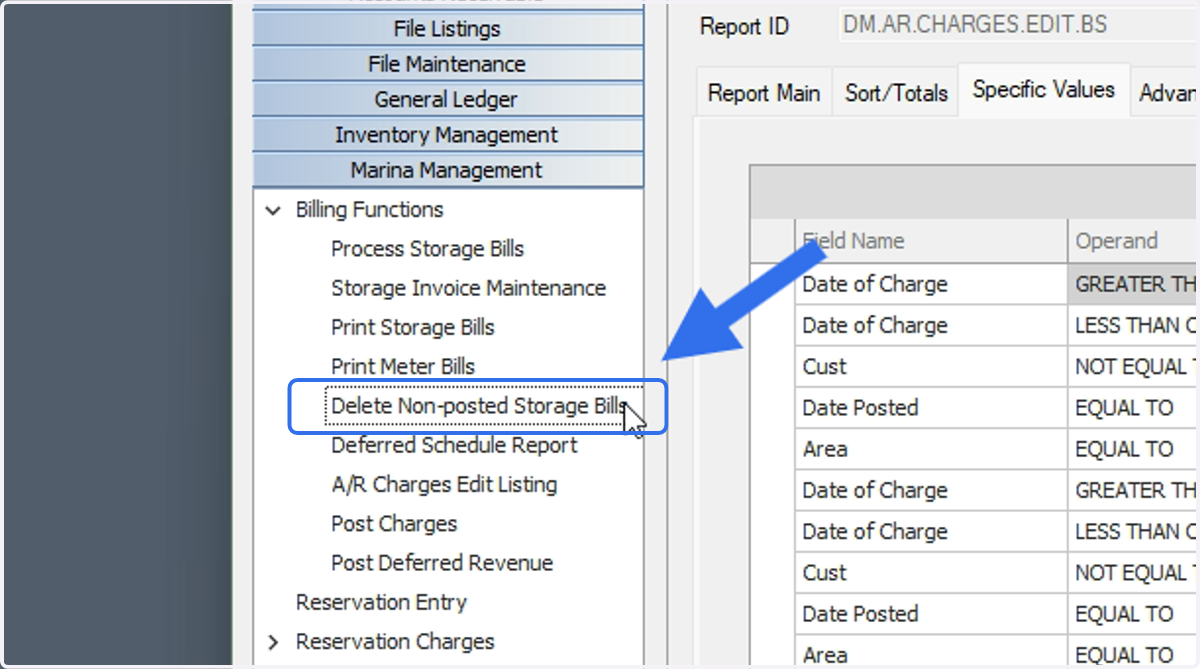 Click Delete Non-posted Storage Bills