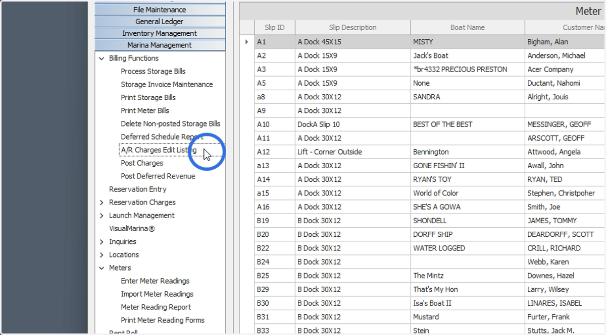 Click A/R Charges Edit Listing