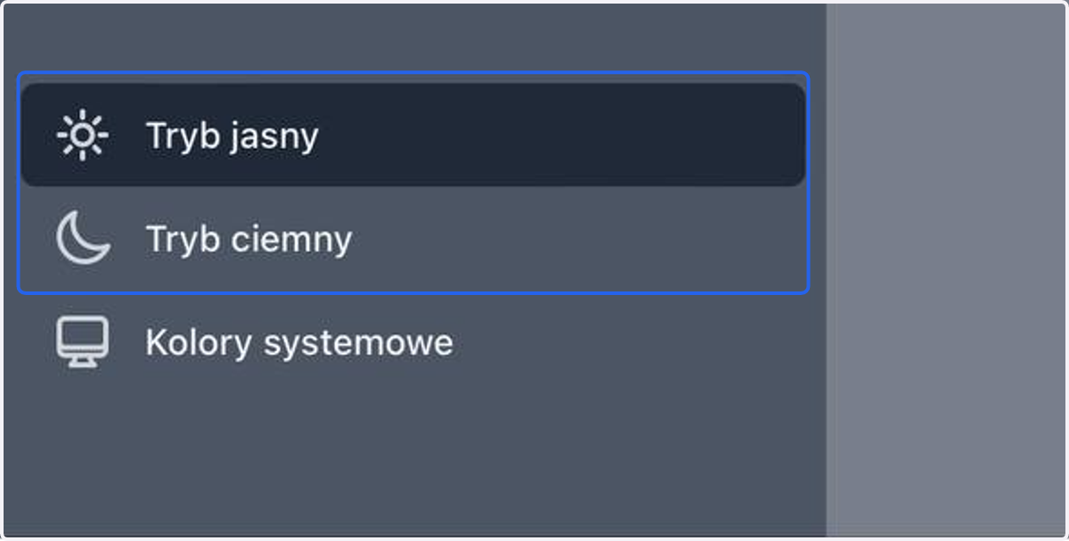 Na dole listy masz do wyboru dwie opcje związane z dark mode - Tryb jasny i Tryb ciemny.