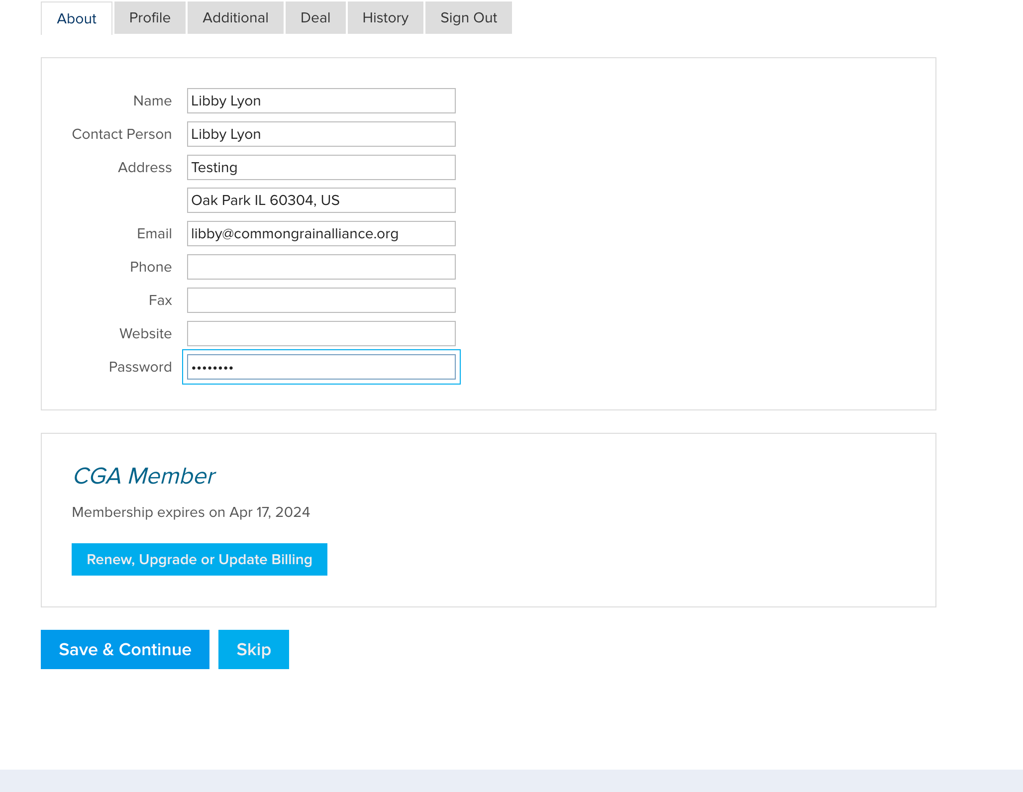 Once you've typed in your new password, click on Save & Continue