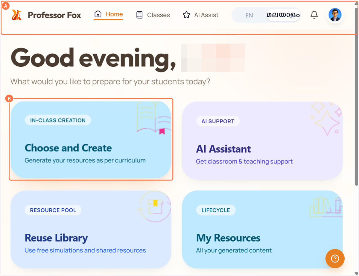 A. Open Professor Fox… B. Click on Choose and Create