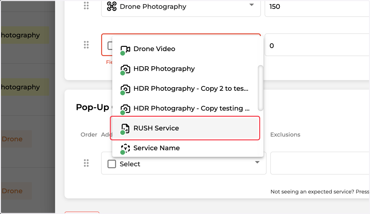 From the Dropdown select your desired Service and click the "+" to add the Upsell