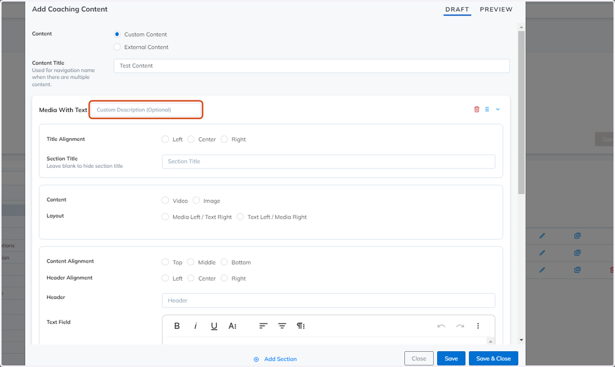 Optional field to add a custom description