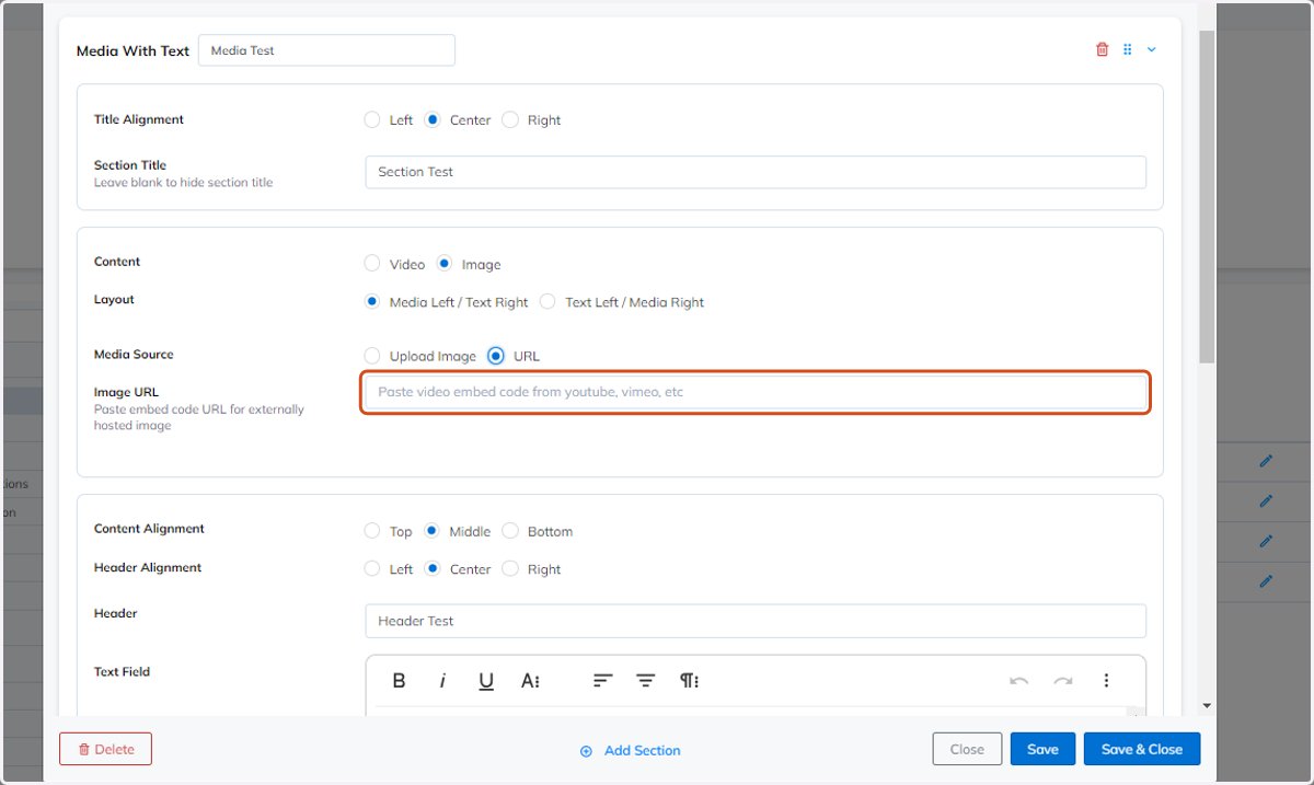 If URL media source is selected, paste the video embed code in the field