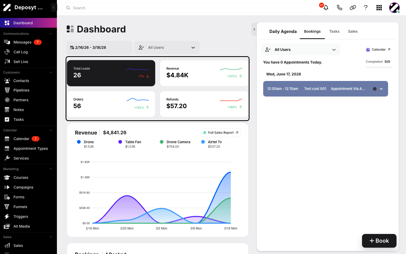 Step 2:The Dashboard provides an at-a-glance view of your CRM data, including revenue, bookings, calls, and activity, helping you monitor performance and make informed decisions.
