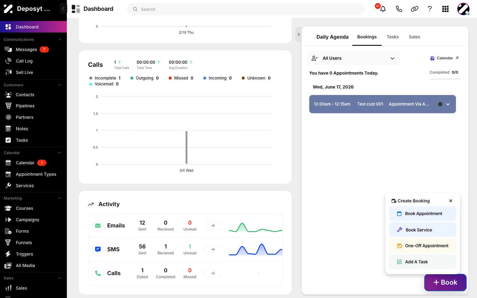 Step 4: Click the + Book button to create booking shortcuts, such as booking an appointment, booking a service, scheduling a one-off appointment, or adding a task.