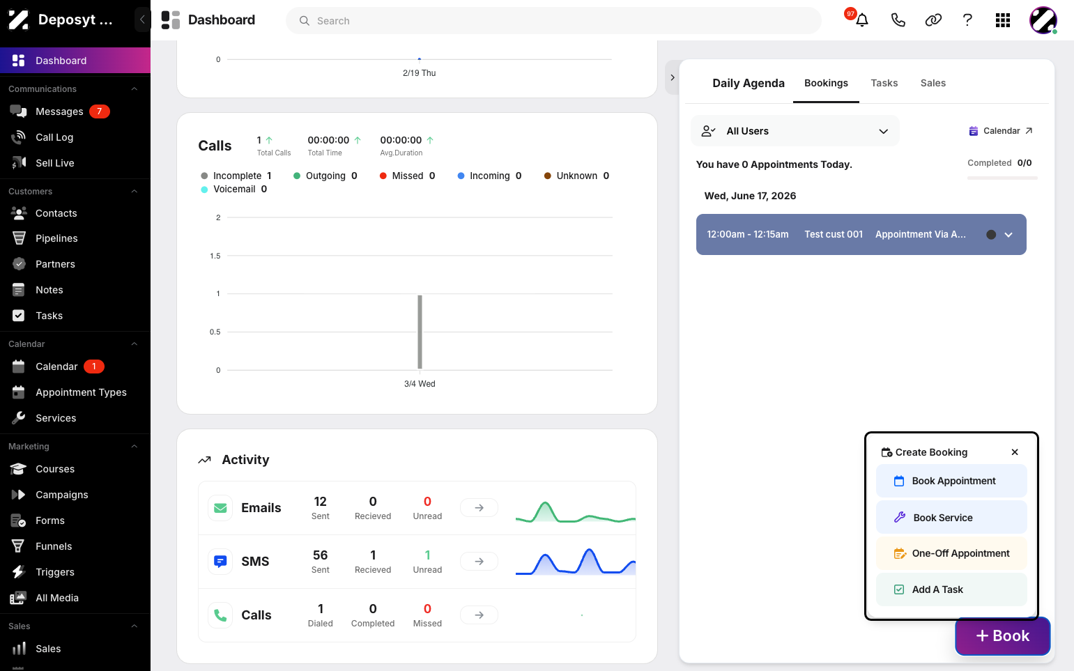 Step 4: Click the + Book button to create booking shortcuts, such as booking an appointment, booking a service, scheduling a one-off appointment, or adding a task.