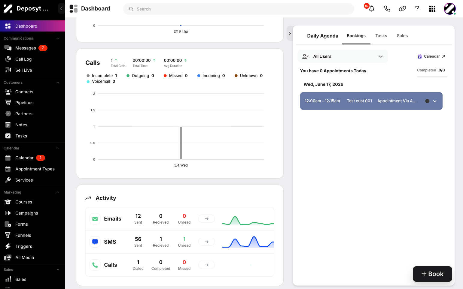 Step 3: On the right side, you will see your daily agenda, including bookings, tasks, and sales.