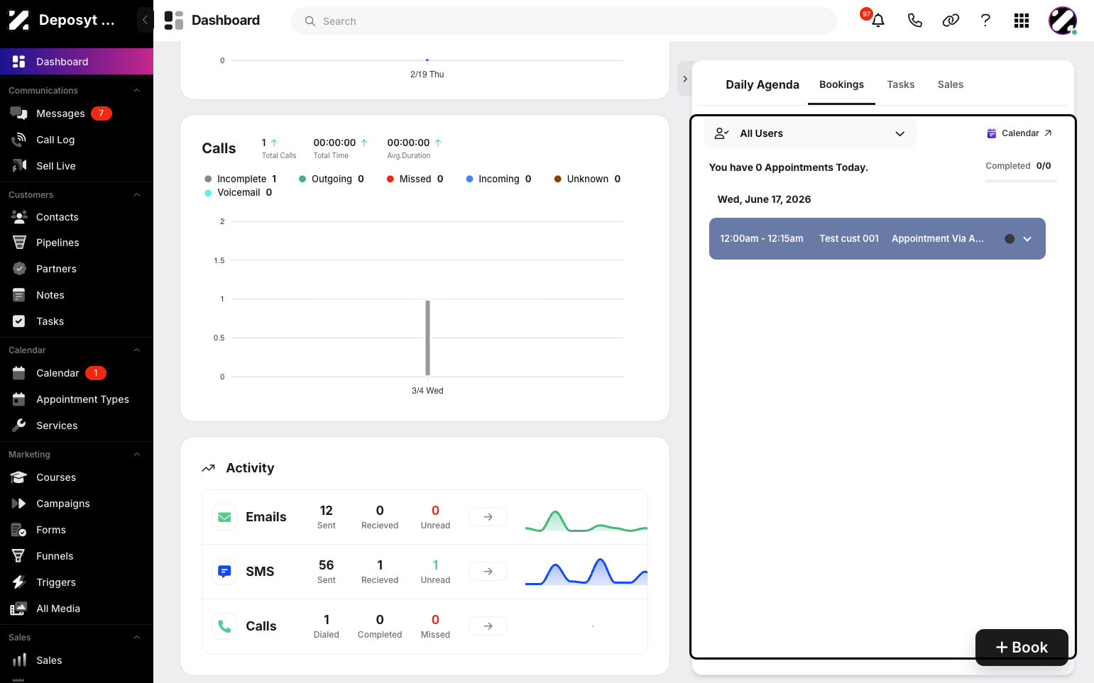 Step 3: On the right side, you will see your daily agenda, including bookings, tasks, and sales.
