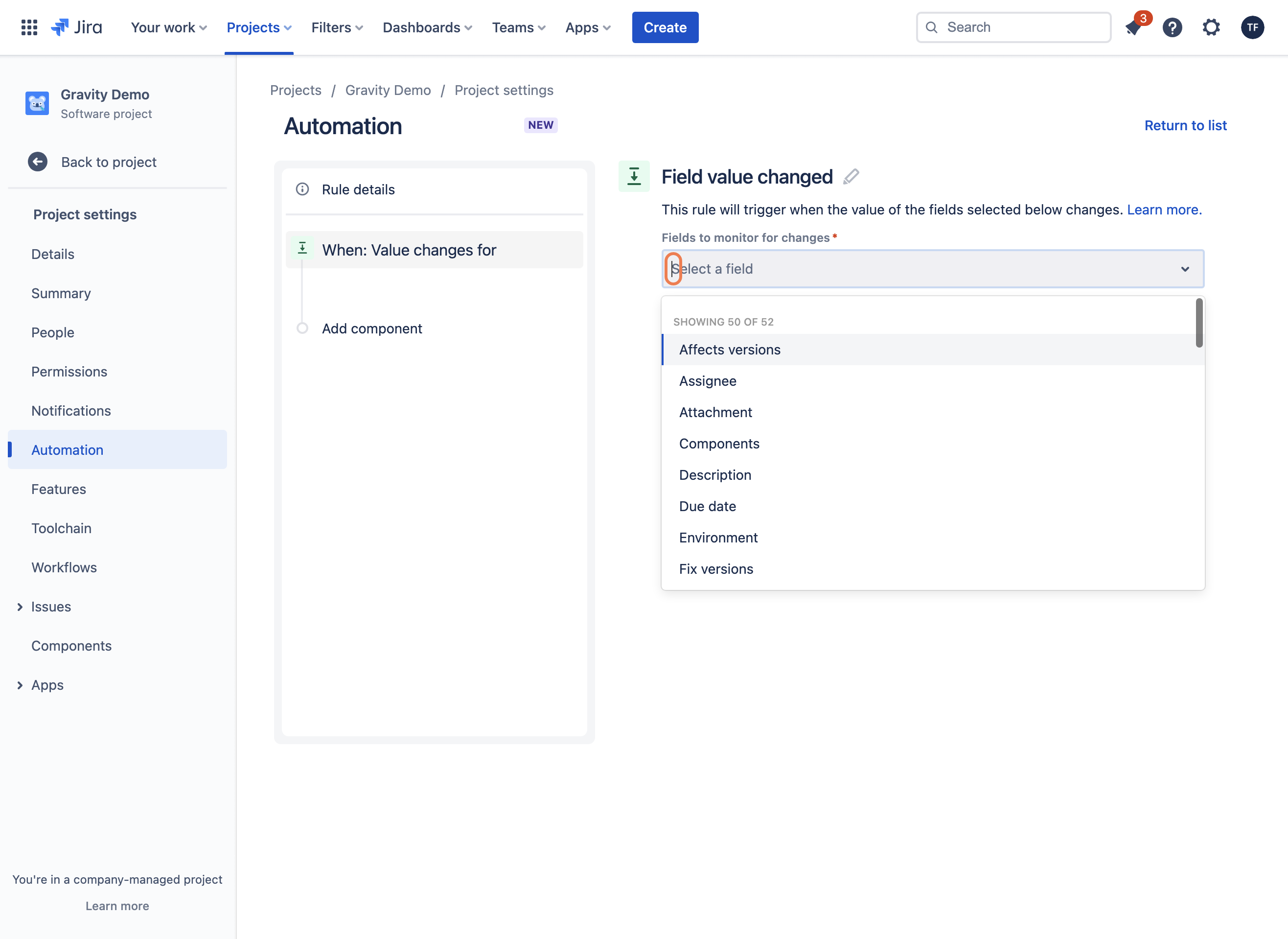 Click on Fields to monitor for changes