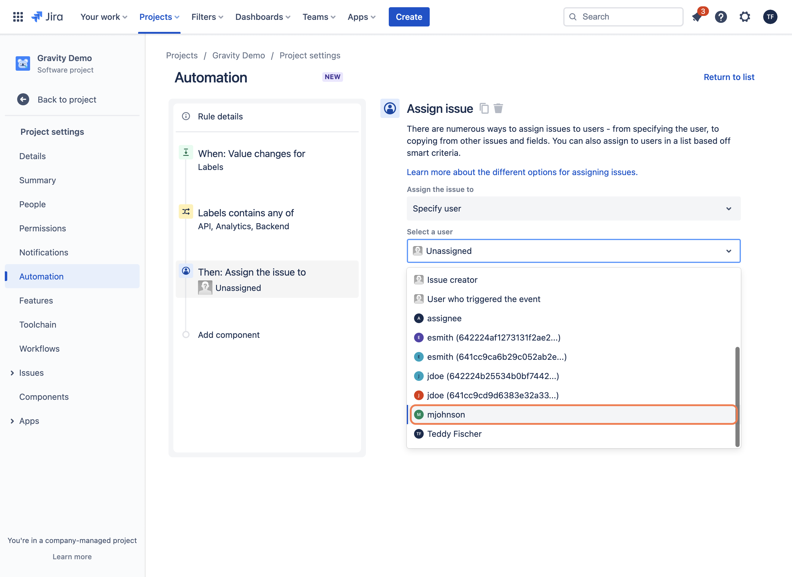 Click on the user to assign issues with these specific labels