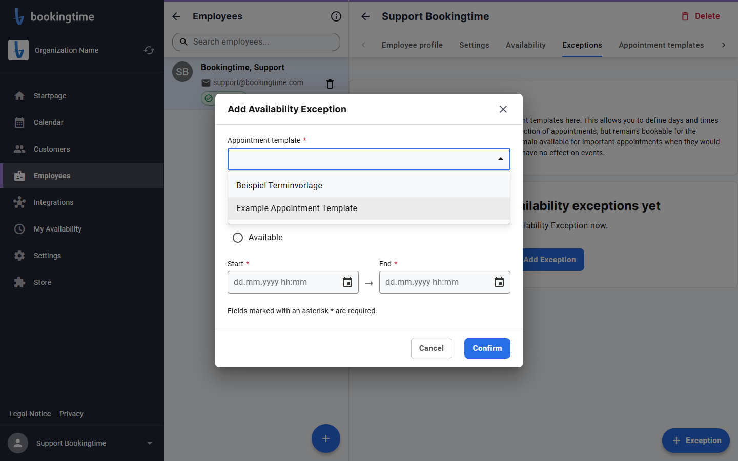 Choose an appointment template from the drop down
