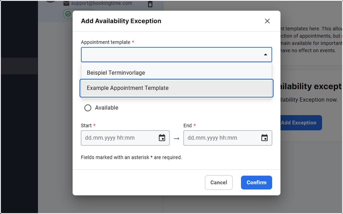 Choose an appointment template from the drop down