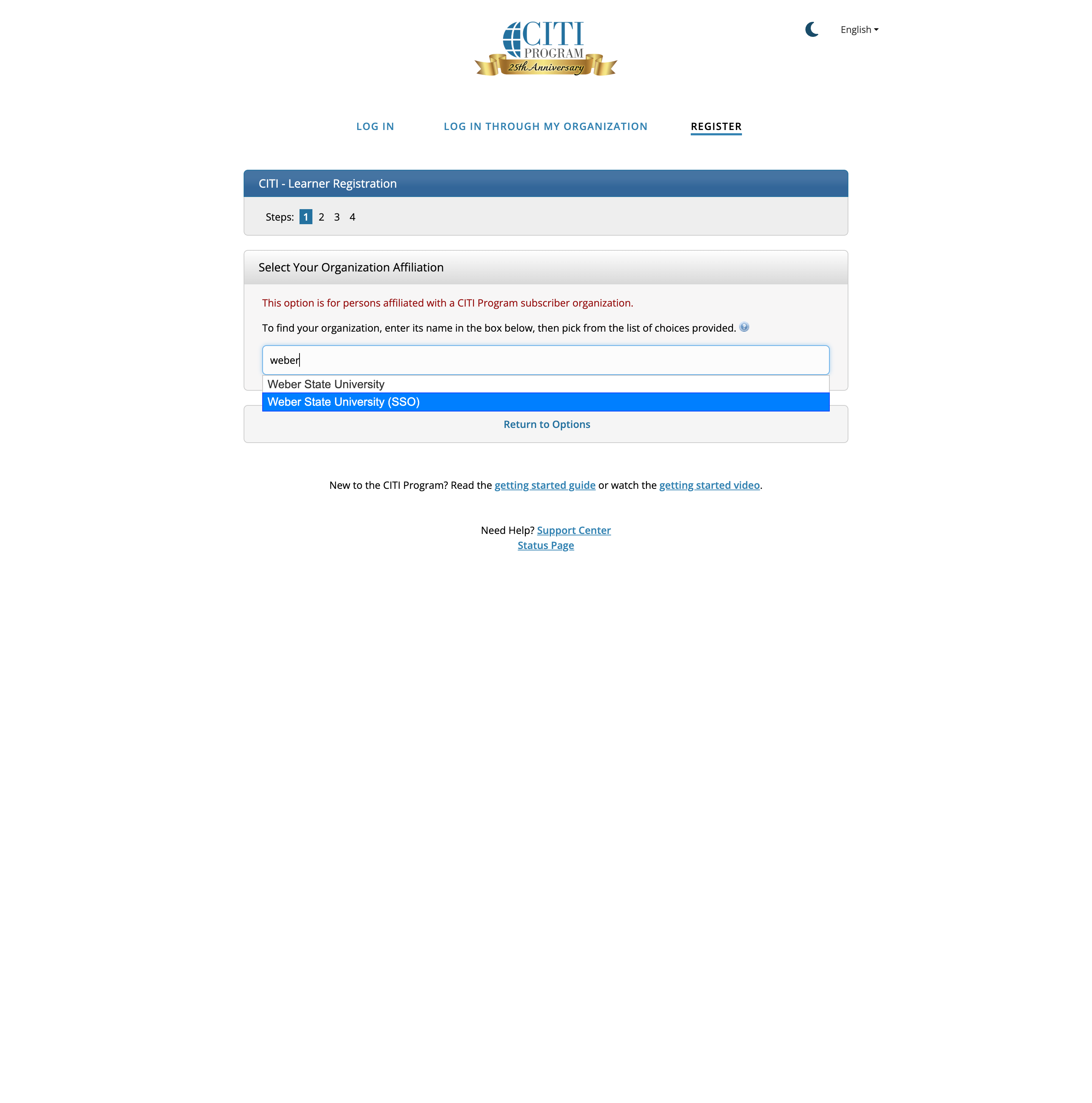 Click on Weber State University (SSO)