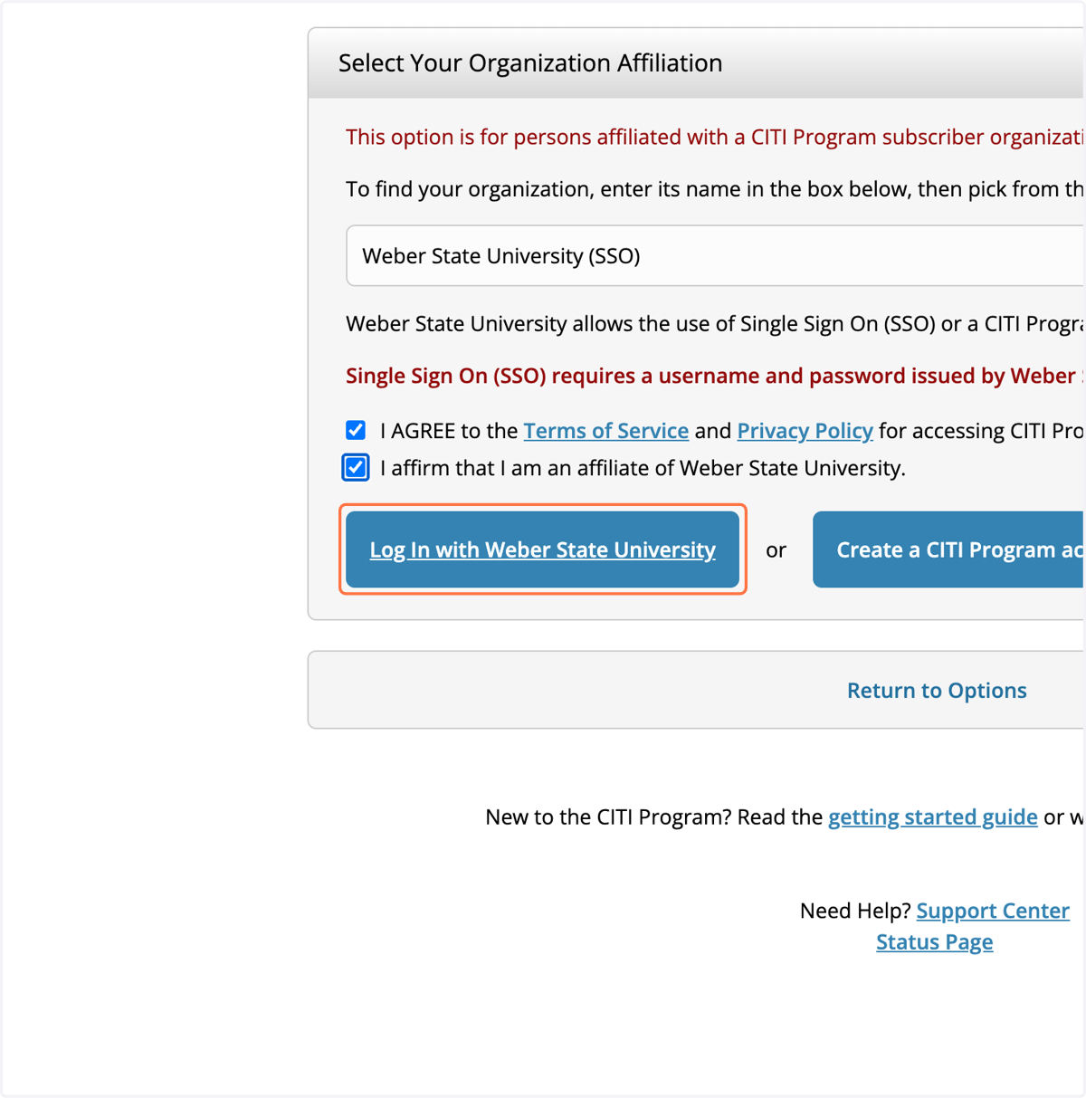 Click on Log In with Weber State University