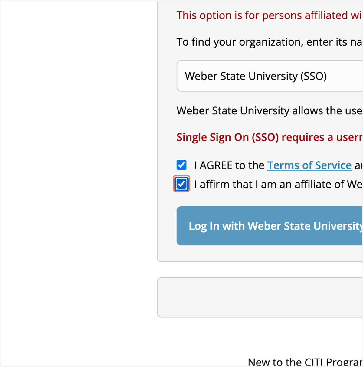 Check I affirm that I am an affiliate of Weber State University.