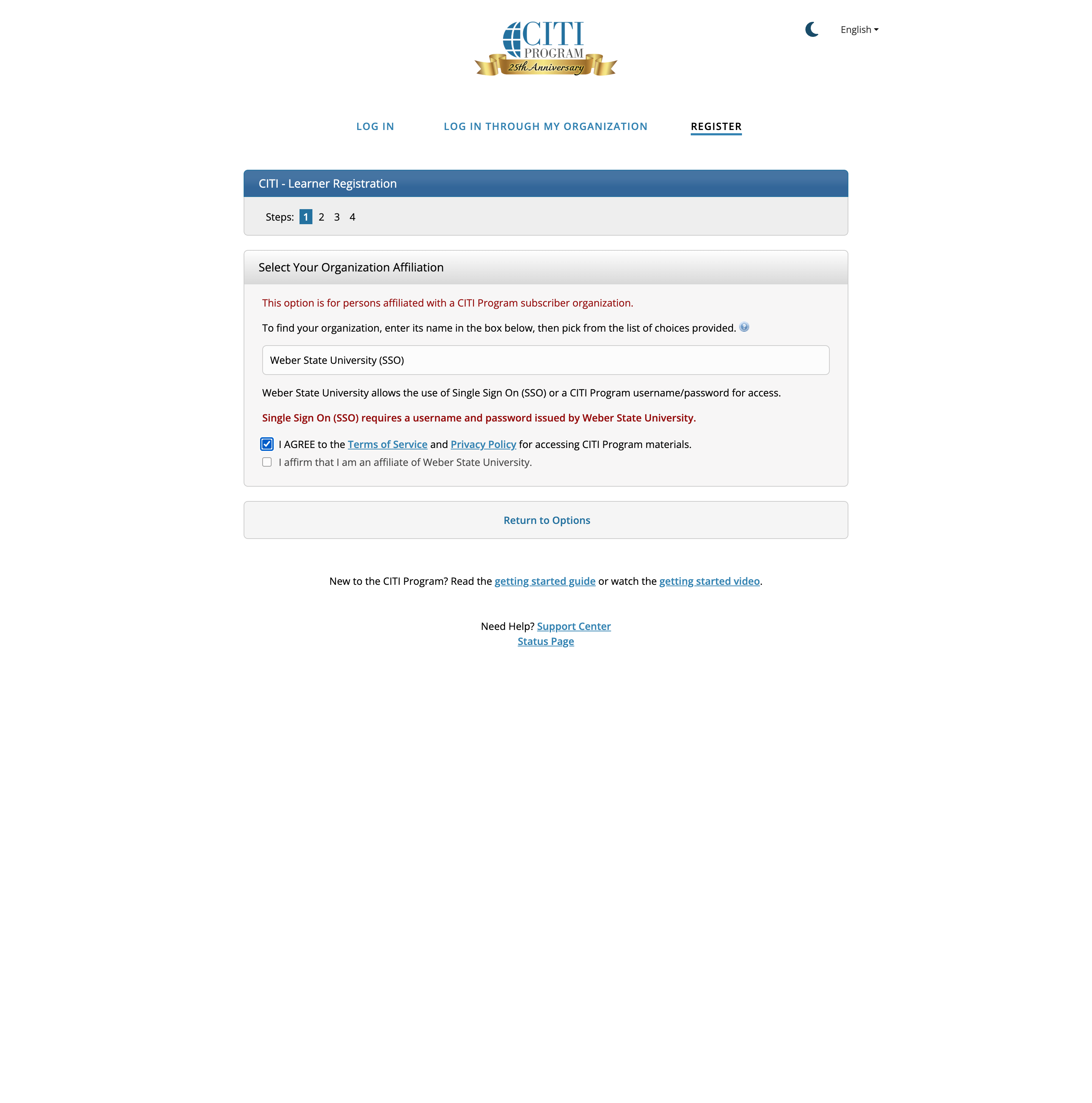 Check I AGREE to the Terms of Service and Privacy Policy for accessing CITI Program materials.