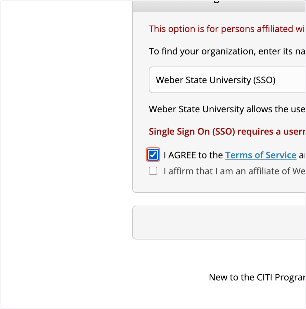 Check I AGREE to the Terms of Service and Privacy Policy for accessing CITI Program materials.